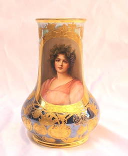 19C Royal Vienna Signed Hand-Painted Porcelain Vase in Gold: 19C Royal Vienna Signed Hand-Painted Porcelain Vase in Gold This exquisite 19th-century hand-painted Royal Vienna porcelain vase is a true collector's item. Featuring intricate hand-painted details an