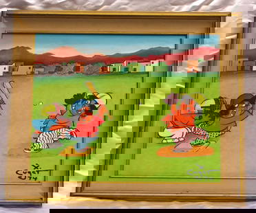 Xavier Cugat 1974 Original Oil Painting Kids Playing Baseball: Xavier Cugat 1974 Original Oil Painting Kids Playing Baseball Discover a stunning original oil on board painting titled "Kids Playing," created by the renowned California artist Xavier Cugat in 1974.
