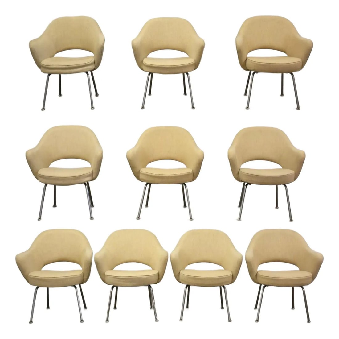 Eero Saarinen Executive Chairs for Knoll Set of 10 Beige Chrome: Eero Saarinen Executive Chairs for Knoll Set of 10 Beige Chrome This set of ten mid-century modern executive dining chairs, designed by Eero Saarinen for Knoll, features a stylish beige fabric upholst