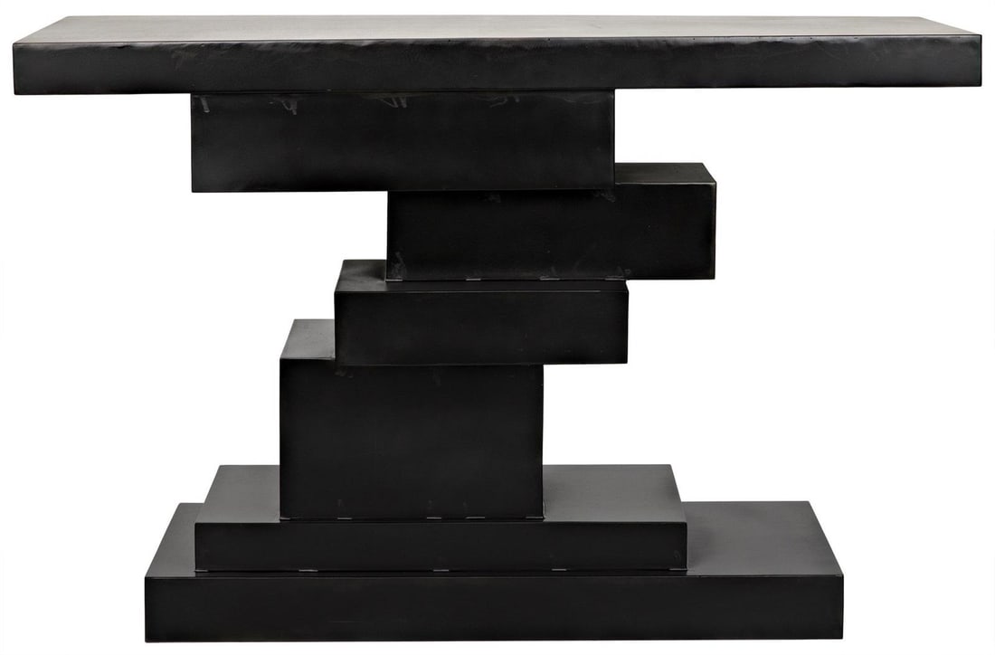 Industrial Black Metal Console Table 29H x 44.5W x 17D: Industrial Black Metal Console Table 29H x 44.5W x 17D Elevate your modern living space with this Sleek Black Metal Console. This striking piece features a geometric stacked design, embodying an indus