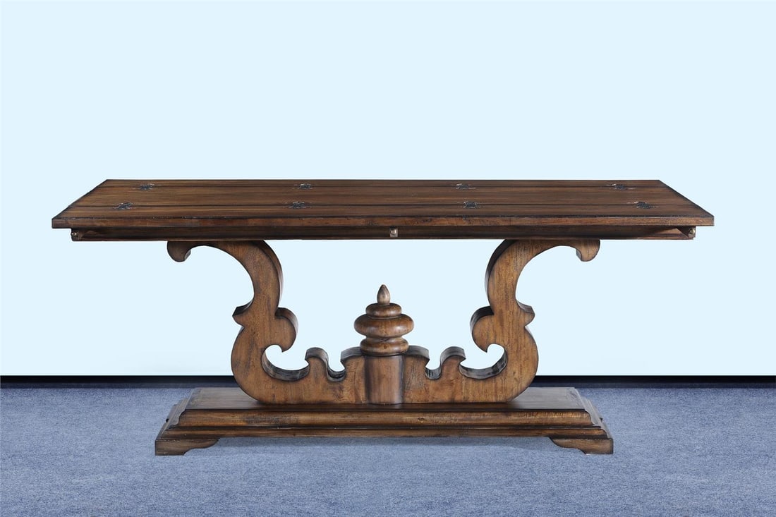 Rustic Pecan Flip-Top Sofa Table: Rustic Pecan Flip-Top Sofa Table Introducing the Rustic Pecan Flip-Top Console Table, a stunning addition to your home decor. This table features a beautifully carved design with a flip-top scroll ped