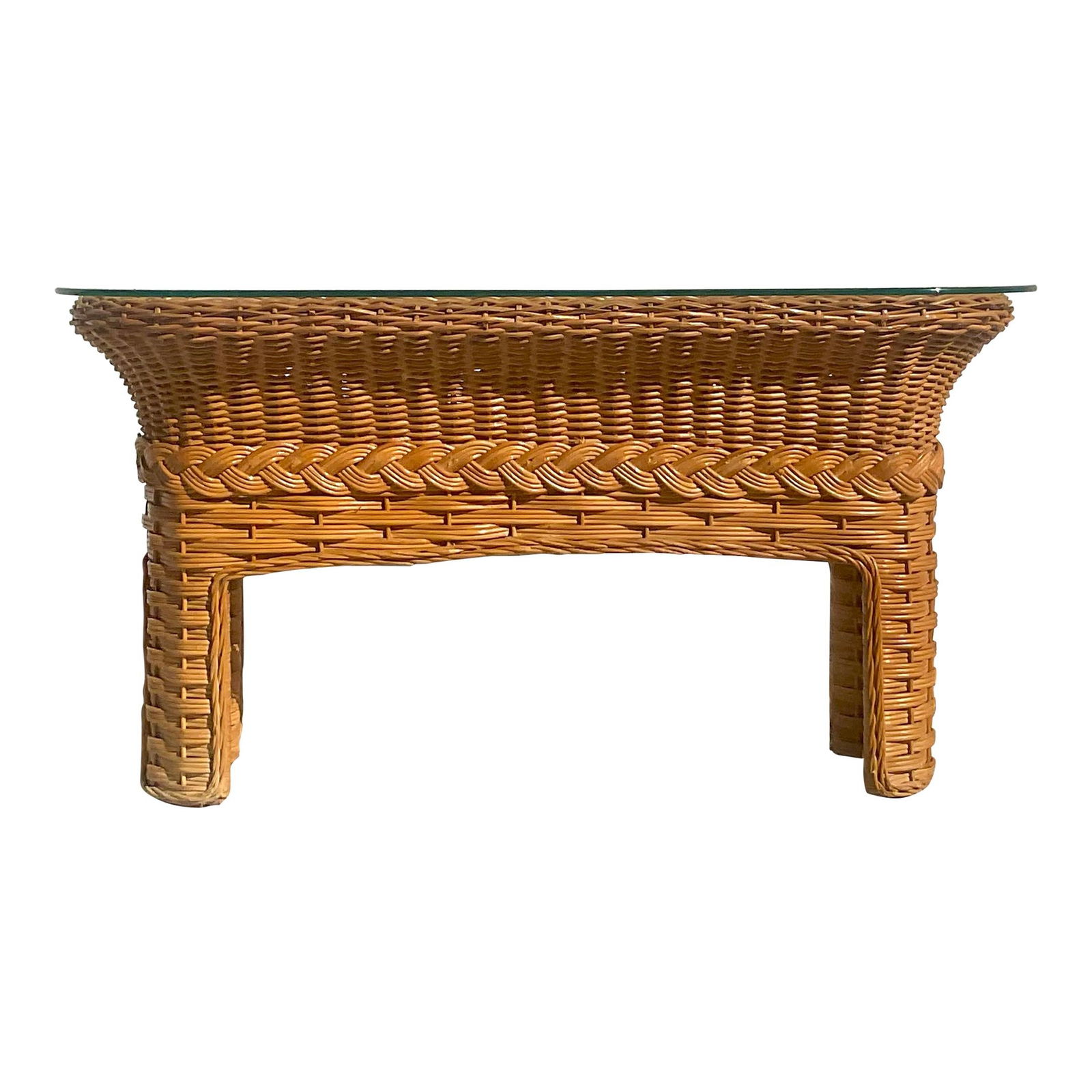 Vintage Coastal Rattan Console Table with Glass Top: Vintage Coastal Rattan Console Table with Glass Top This stunning vintage Coastal console table showcases exquisite woven rattan craftsmanship complemented by a chic braided band detail. The elegant g