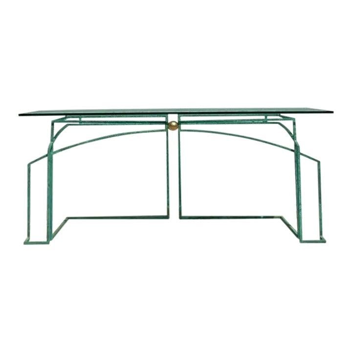 Vintage Postmodern Patinated Wrought Iron Console Table Jade Color: Vintage Postmodern Patinated Wrought Iron Console Table Jade Color Enhance your living space with this Late 20th Century Vintage Postmodern Console Table, showcasing a beautiful patinated verdigris fi