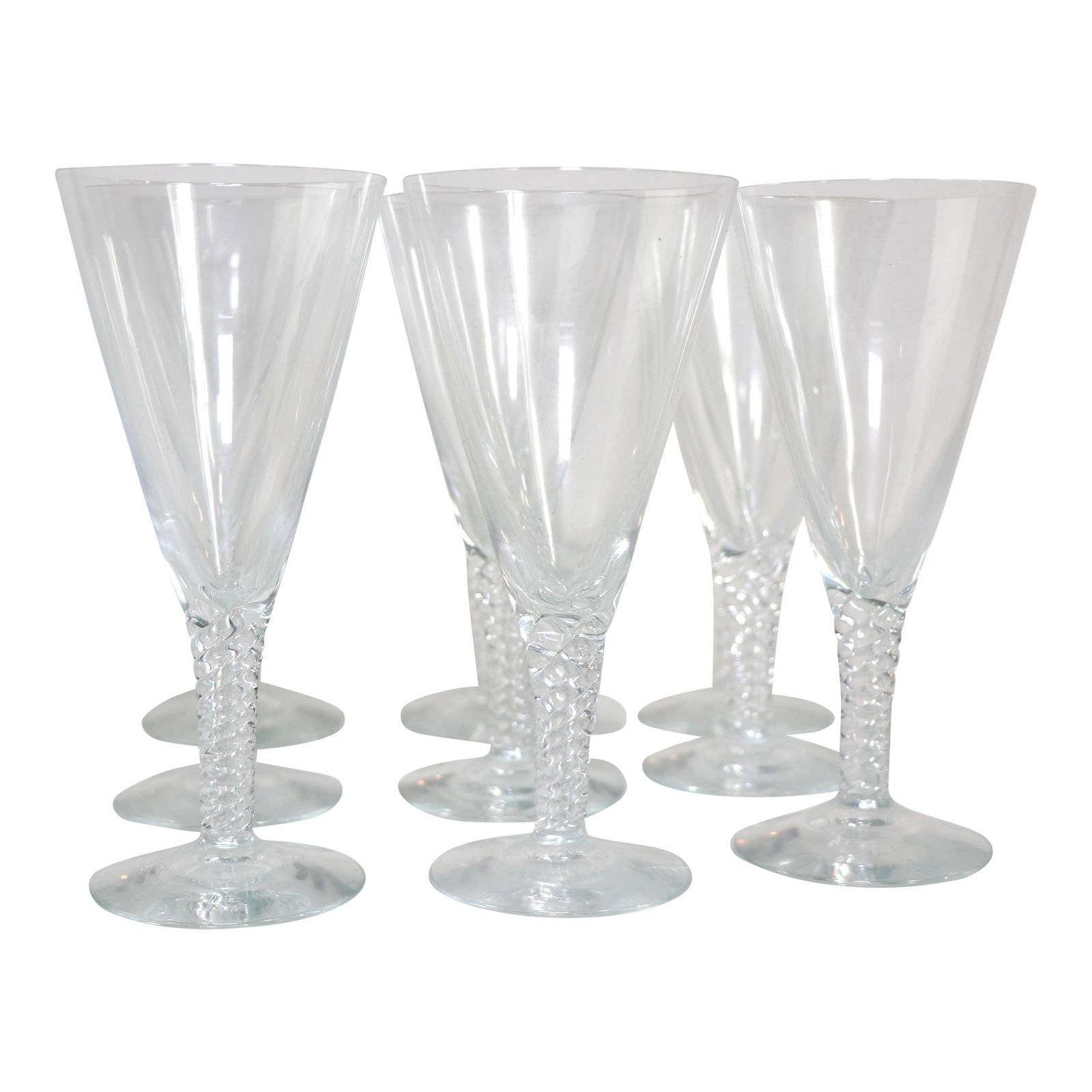 Holmegaard Mid Century Twist Pattern Stemware Glasses Set of 9: Holmegaard Mid Century Twist Pattern Stemware Glasses Set of 9 Elevate your dining experience with this chic set of 9 Mid Century stemware glasses by Holmegaard, featuring the classic and sought-after