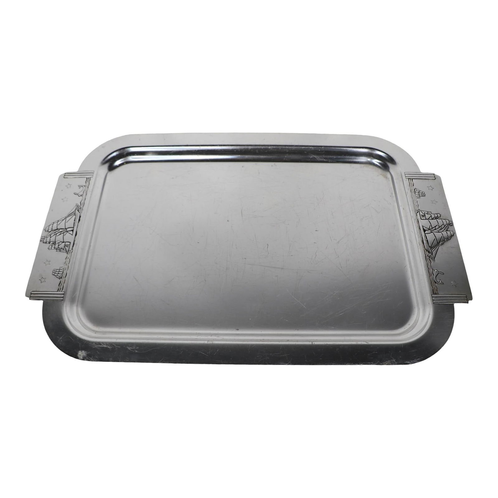 Vintage Art Deco Clipper Ship Tray by Lurelle Guild 22.75 x 14.5 Silver Aluminum: Vintage Art Deco Clipper Ship Tray by Lurelle Guild 22.75 x 14.5 Silver Aluminum This exquisite Art Deco Clipper Ship serving tray, designed by Lurelle Guild for Kensington Wares in the 1930s, showcas