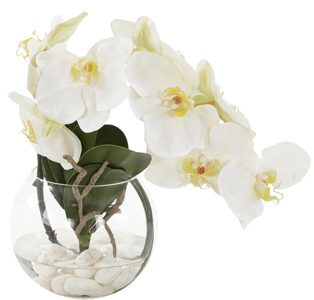 John-Richard White Orchid Faux Floral Arrangement 10H x 12W x 8D: John-Richard White Orchid Faux Floral Arrangement 10H x 12W x 8D This exquisite white orchid faux arrangement is a stunning addition to any decor. Perfectly crafted, it features vibrant faux orchids t
