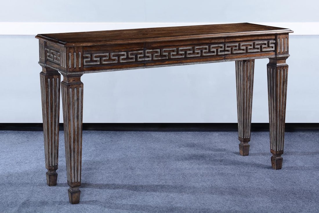 Neo-Classical Solid Wood Console 36H 60W 18D with Rustic Pecan Finish: Neo-Classical Solid Wood Console 36H 60W 18D with Rustic Pecan Finish Introducing the Refined Greek Key Console, a stunning piece that marries functionality with artistic elegance. This solid wood con
