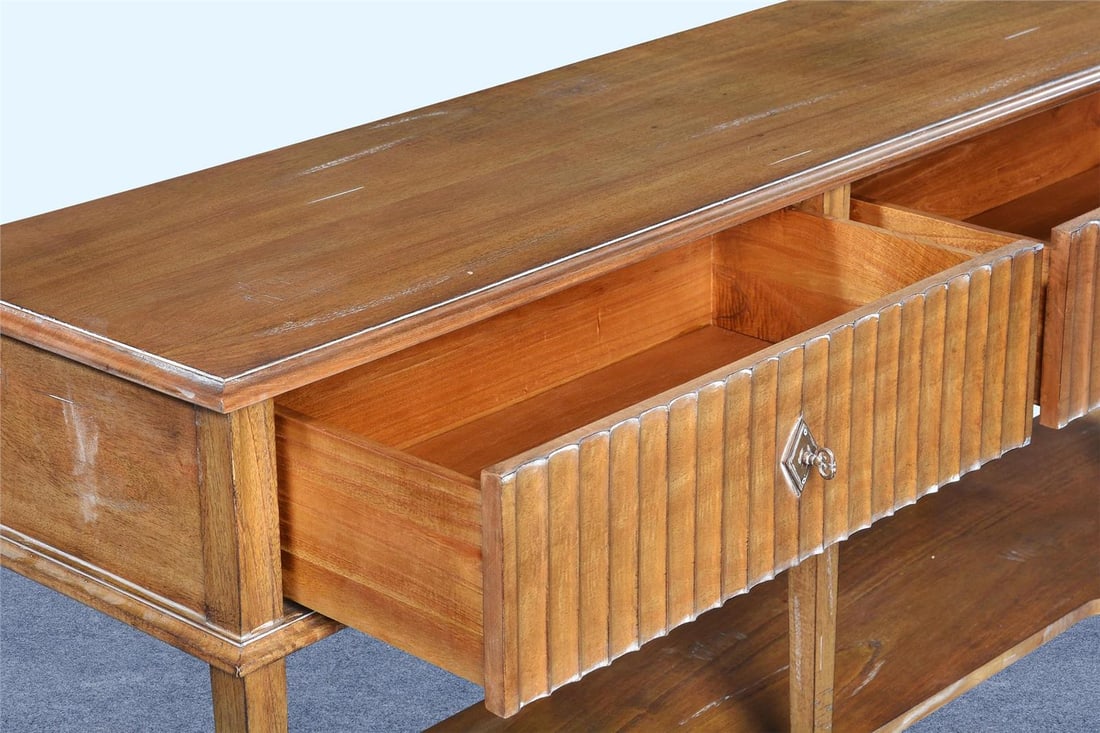 Transitional Beachwood Console Table with Brass Hardware: Transitional Beachwood Console Table with Brass Hardware This elegant console table is expertly crafted from solid wood, featuring a beautiful beachwood finish that enhances its transitional style. De