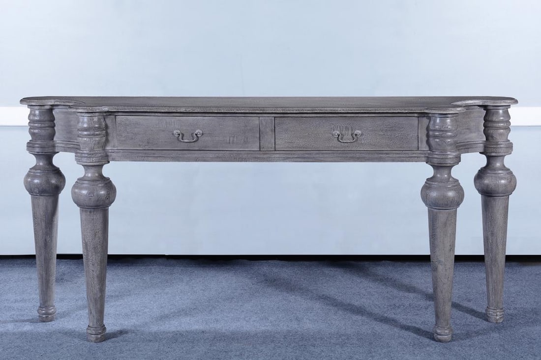 Transitional Toledo Console Table Solid Wood Brass Accents 39H 84W 18D: Transitional Toledo Console Table Solid Wood Brass Accents 39H 84W 18D Elevate your living space with this Transitional Toledo Console Table, featuring elegant brass accents that enhance its sophistic