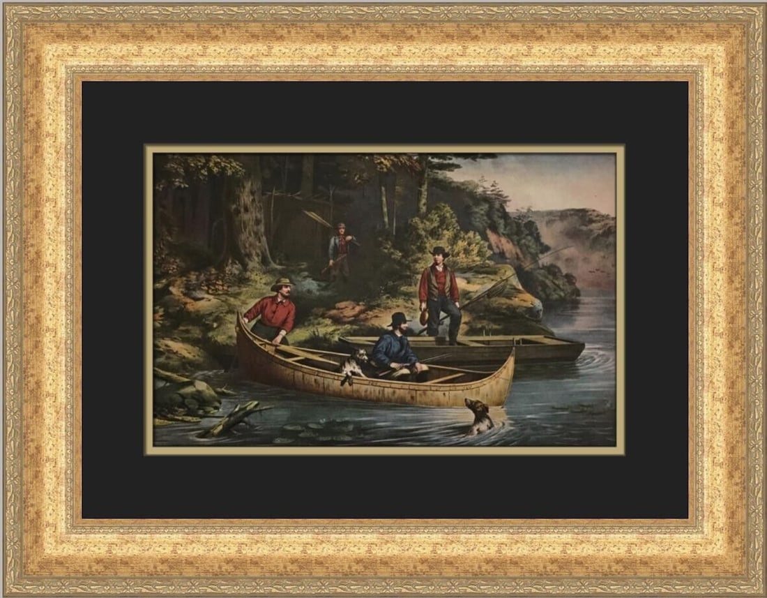 Currier & Ives Life in the Woods Custom Framed Print 1952: Currier & Ives Life in the Woods Custom Framed Print 1952 This exquisite custom framed print titled "Life in the Woods - Starting Out" is a stunning representation of the Romanticism style by the reno