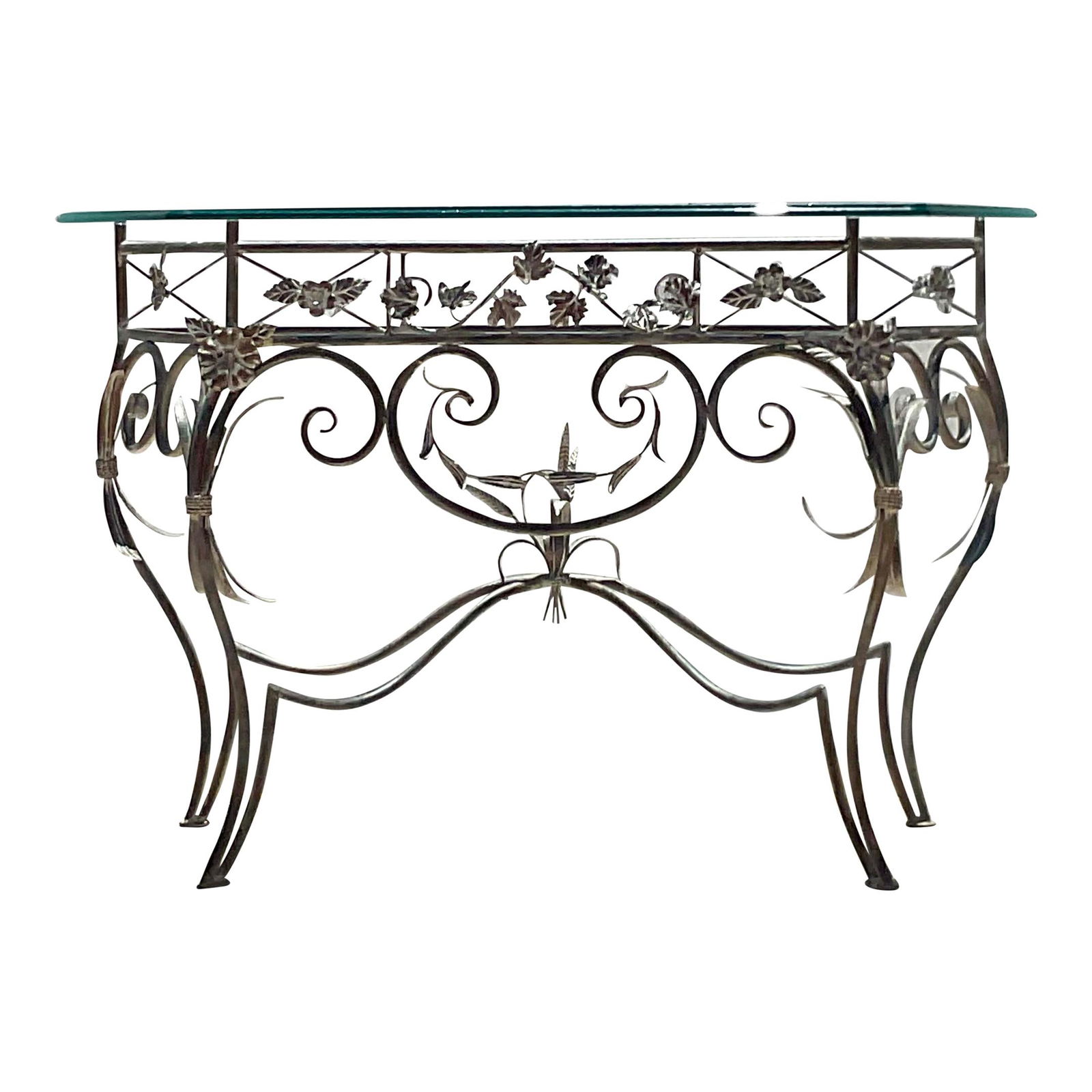 Vintage Wrought Iron Console Table with Glass Top: Vintage Wrought Iron Console Table with Glass Top This exquisite vintage wrought iron console table features intricate floral and bird designs, making it a stunning addition to any home. The table is