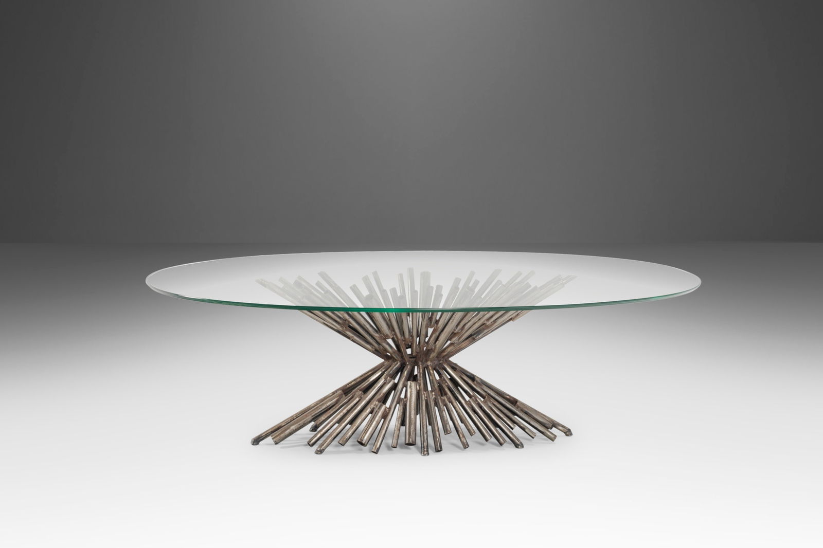 Unique Silas Seandel Brutalist Steel Coffee Table 51.75 x 34 x 15.5 in: Unique Silas Seandel Brutalist Steel Coffee Table 51.75 x 34 x 15.5 in This extraordinary dining table is the epitome of one of a kind. Hand-crafted by Silas Seandel himself, this exquisite coffee tab
