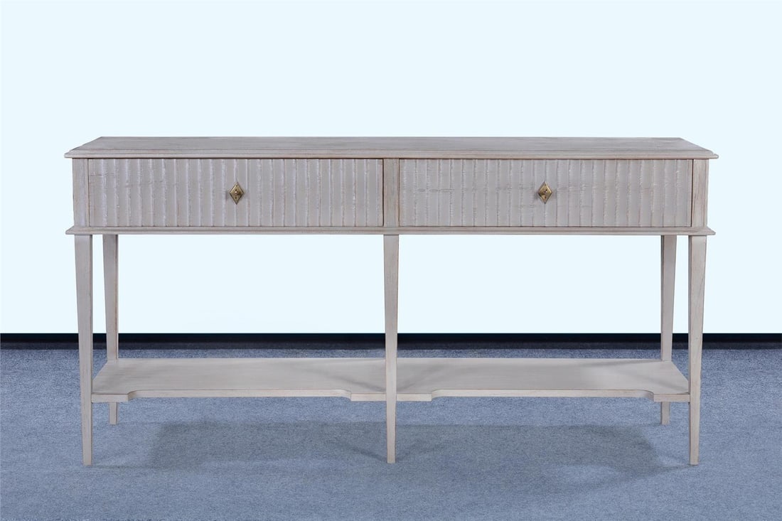 Transitional Gray Wood Console with Soft-Closing Drawers: Transitional Gray Wood Console with Soft-Closing Drawers Elevate your home decor with this Chic Gray Wood Console, designed with a transitional style that complements various interior aesthetics. This