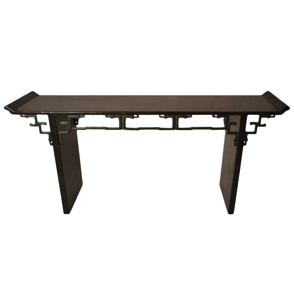 Maitland Smith Asia Modern Console Table Black Stone 69" Width: Maitland Smith Asia Modern Console Table Black Stone 69" Width This striking Maitland Smith Asia Modern Console Table features an interesting altar design with a tesselated stone surface complemented