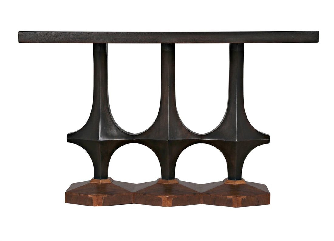 Classic Sydor Console Table in Dark Walnut with Ebony Base: Classic Sydor Console Table in Dark Walnut with Ebony Base Introducing the Classic Sydor Console Table, a stunning piece crafted from walnut, featuring a premium dark walnut finish complemented by an