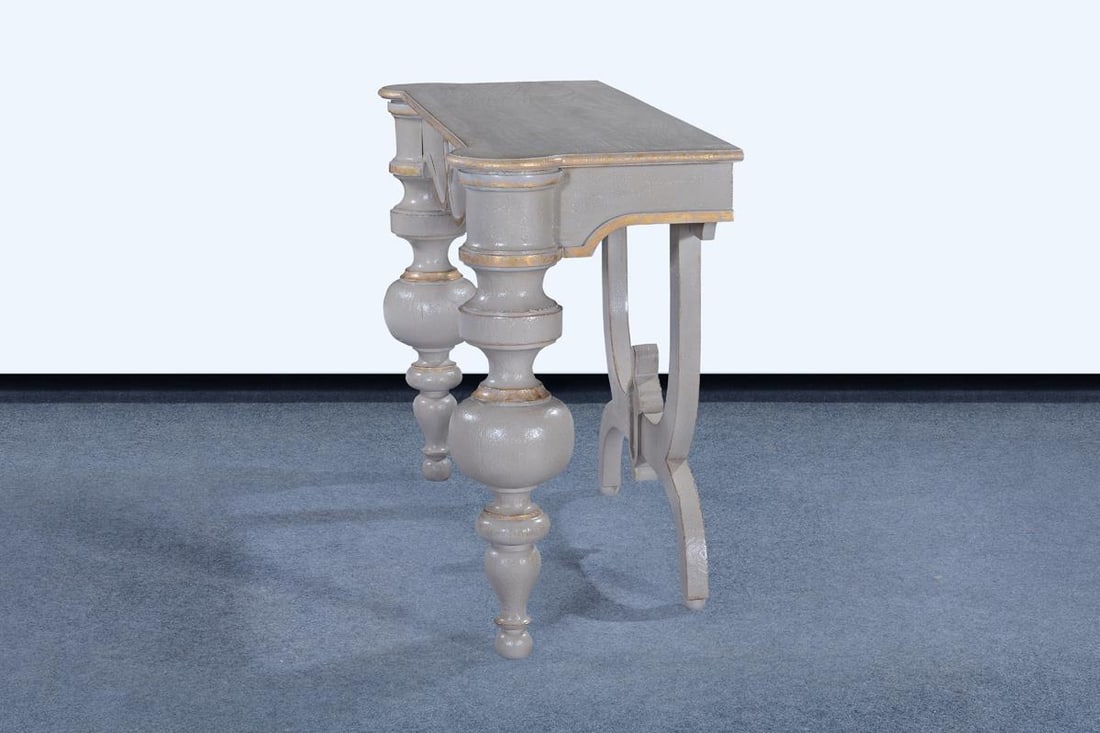Elegant Pewter Gray Console Table 32H 54W 18D with Gold Accents: Elegant Pewter Gray Console Table 32H 54W 18D with Gold Accents Elevate your space with this luxurious pewter gray console table, featuring elegant gold accents. Designed in an Old World style, this c