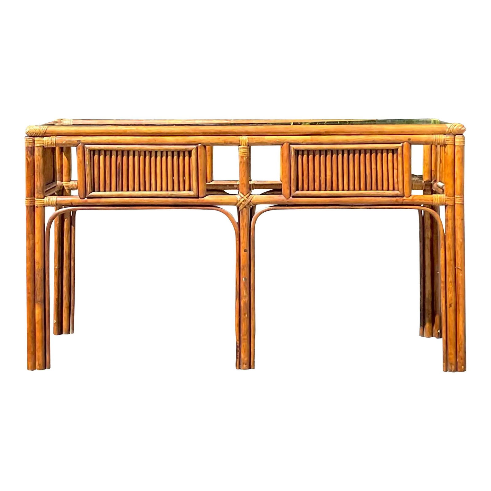 Vintage Coastal Rattan Console Table with Glass Top: Vintage Coastal Rattan Console Table with Glass Top Enhance your living space with the Vintage Coastal Rattan Console Table, featuring an elegant inset glass top. This table is expertly crafted in cla