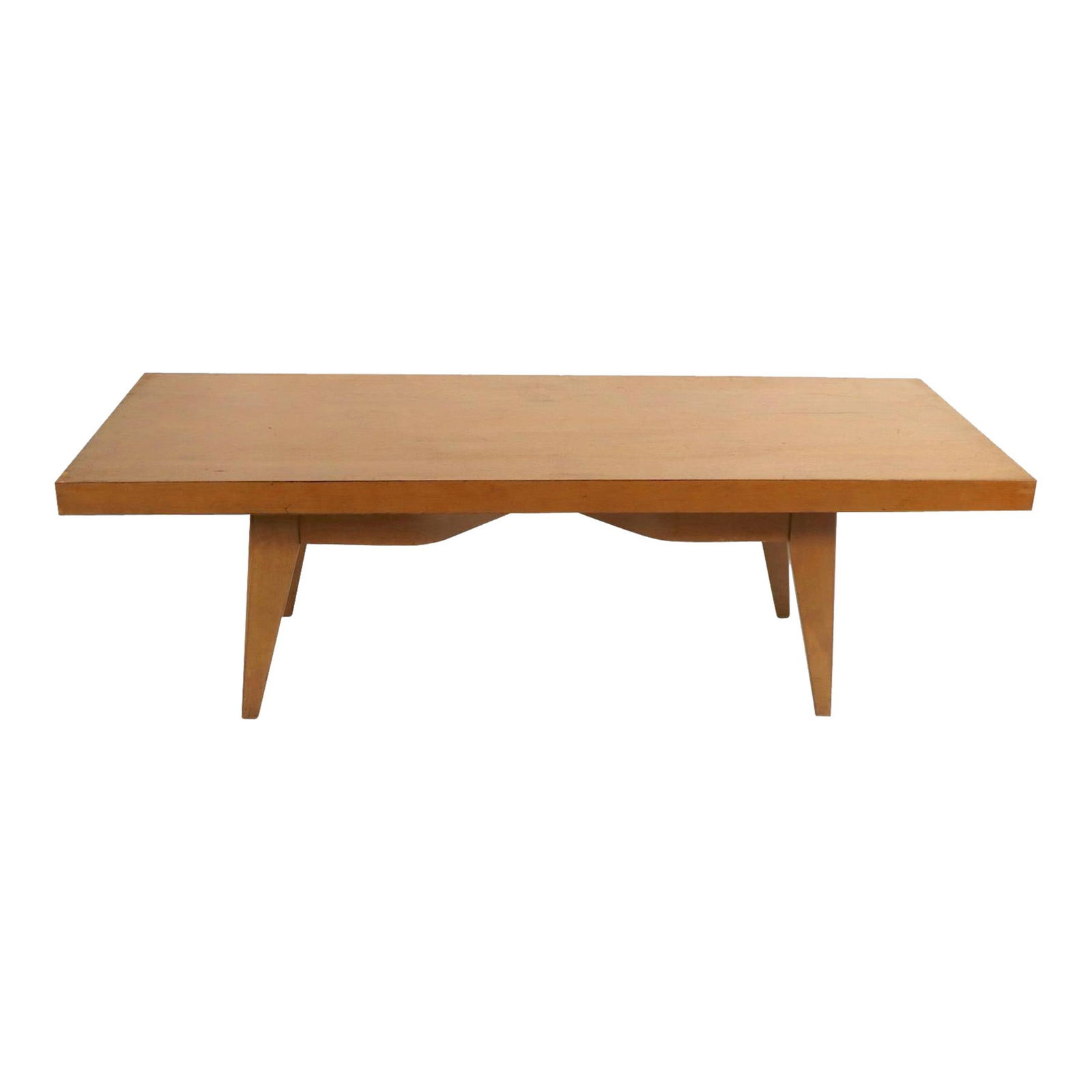 Mid Century Coffee Table by Russel Wright 54 x 21 x 17 Brown Veneer: Mid Century Coffee Table by Russel Wright 54 x 21 x 17 Brown Veneer This mid-century coffee table, attributed to Russel Wright, features a unique undercarriage that allows for multiple positioning opt