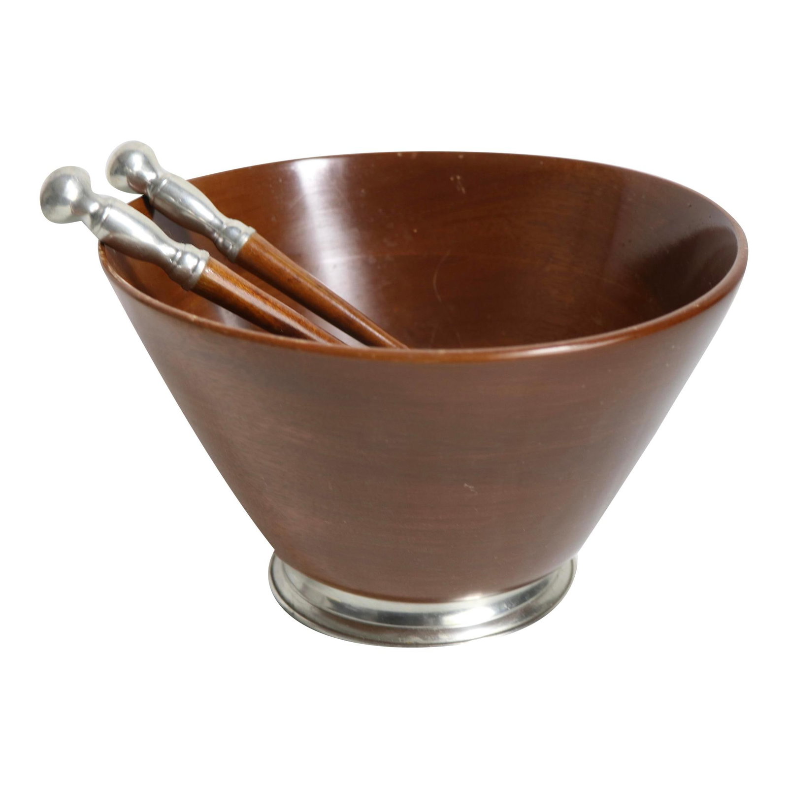 Mid Century 3-Piece Salad Set Mahogany Pewter 10x10x6: Mid Century 3-Piece Salad Set Mahogany Pewter 10x10x6 Mid Century vintage salad set including the master bowl, and serving fork and spoon. Constructed of solid mahogany, and pewter. The set is in very