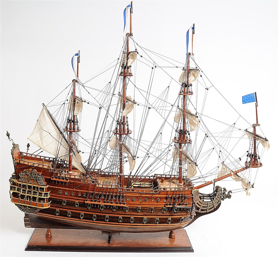 Louis XIV Fully Assembled Soleil Royal Ship Model 27" H: Louis XIV Fully Assembled Soleil Royal Ship Model 27" H This exquisite Fully Assembled Royal Soleil Ship Model Display showcases remarkable craftsmanship with a stunning plank-on-frame construction. T