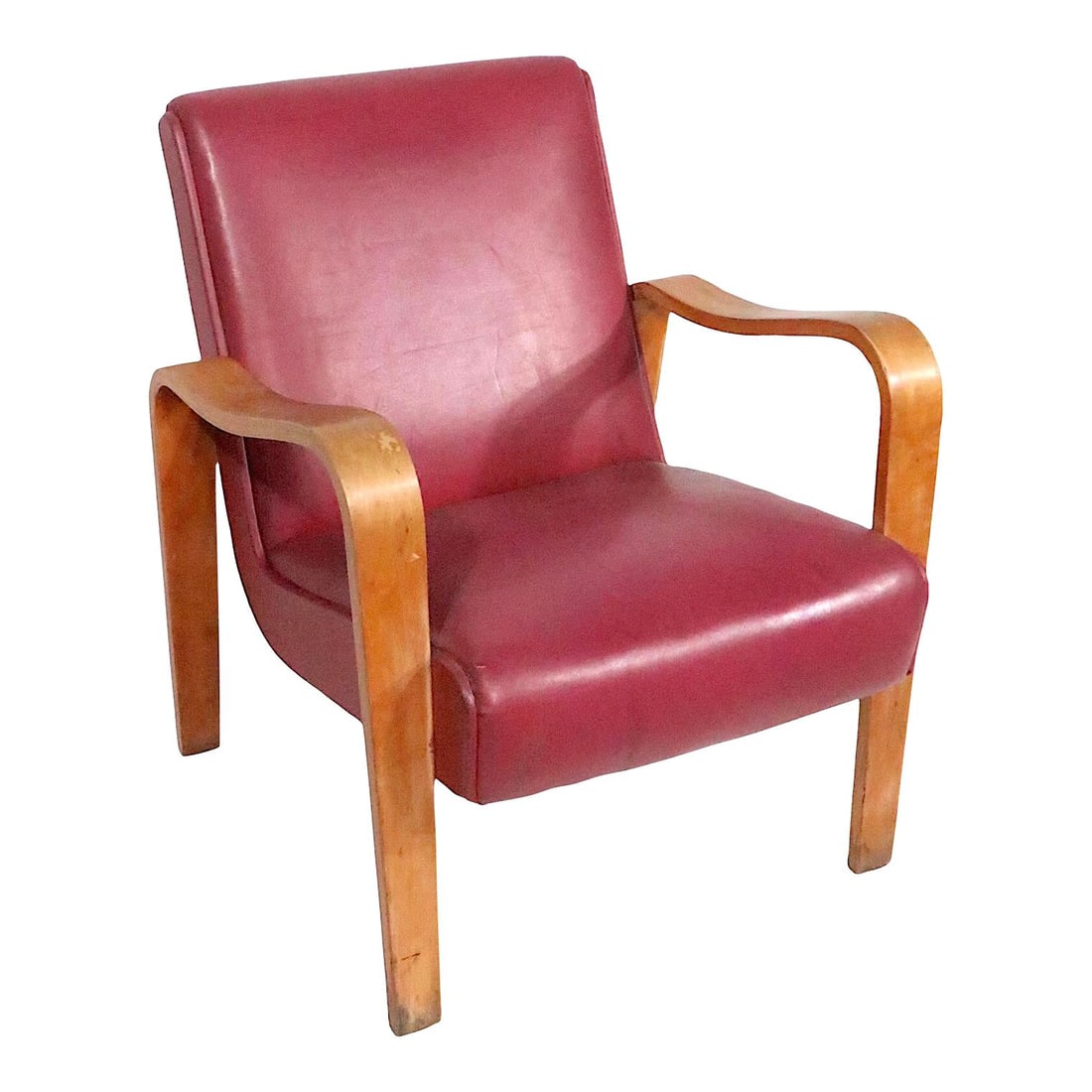 Thonet Mid Century Bentwood Lounge Chair Red C 1950s 31" Height: Thonet Mid Century Bentwood Lounge Chair Red C 1950s 31" Height Stylish Thonet lounge chair, having continuous bent plywood legs, arms, with an upholstered seat and back (needs reupholstery). Great st