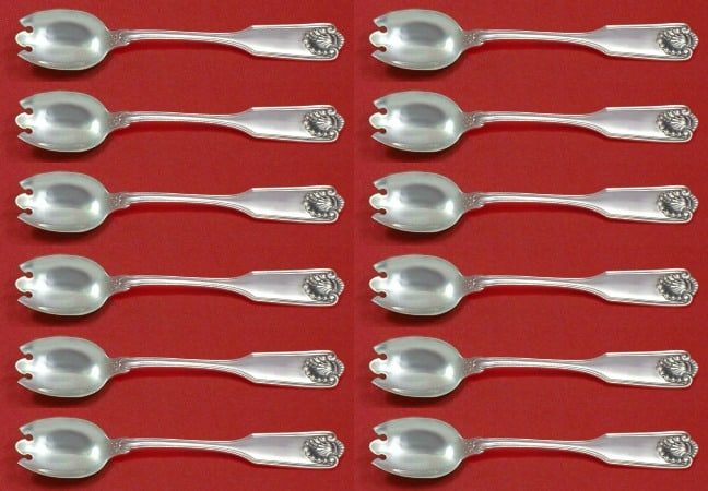 Frank Smith Fiddle Shell Sterling Silver Fork Set 12pc 5 3/4": Frank Smith Fiddle Shell Sterling Silver Fork Set 12pc 5 3/4" This exquisite 12-piece set of ice cream dessert forks showcases the elegant Fiddle Shell pattern by Frank Smith. Crafted from high-qualit