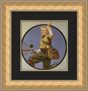 Norman Rockwell Off to Fish on a Bike Custom Framed Print 18x18: Norman Rockwell Off to Fish on a Bike Custom Framed Print 18x18 This charming custom framed print titled "Off to Fish on a Bike" by renowned artist Norman Rockwell showcases a delightful scene that em