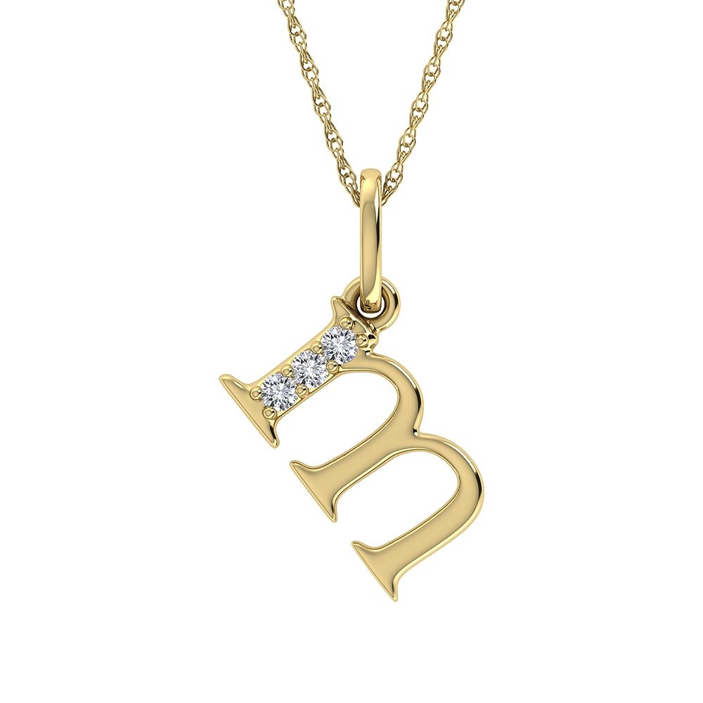 Diamond 1/20 Ct.Tw. Letter M Pendant in 10K Yellow Gold: Diamond 1/20 Ct.Tw. Letter M Pendant in 10K Yellow Gold Metal: 10k Yellow Gold Stone Count: 4.0 Stone Shape: Round Stone Type: Diamond Stone Color: G-h Stone Clarity: I1 / I2 Stone Weight (Carat): 0.0