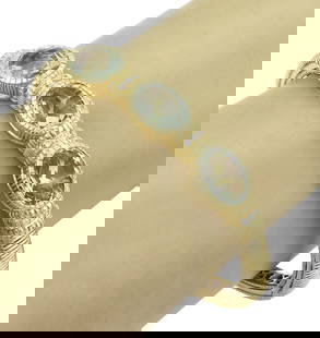 Judith Ripka 18k Gold Hinged Cuff Bracelet with Prasiolite and Diamonds: Judith Ripka 18k Gold Hinged Cuff Bracelet with Prasiolite and Diamonds This lovely authentic cuff bracelet is by Judith Ripka, it is crafted from 18k yellow gold with a textured polished finish, the
