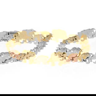 Chasing Elephant 14k Tricolor Gold Flex Link Bracelet: Chasing Elephant 14k Tricolor Gold Flex Link Bracelet This is a beautiful adorable flex link bracelet, it is crafted from 14k yellow rose and white gold featuring a 19mm wide flex hallow links with mo