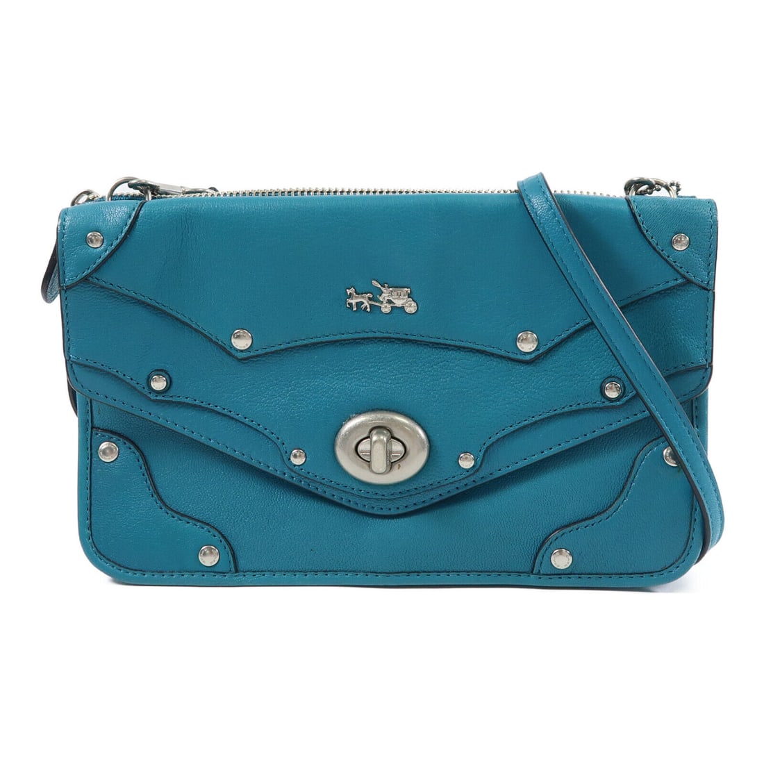 COACH Blue Calfskin Leather Shoulder Bag 9.4 x 5.9 x 2.8: COACH Blue Calfskin Leather Shoulder Bag 9.4 x 5.9 x 2.8 This COACH shoulder bag is crafted from premium calfskin leather, offering a sleek and stylish addition to your accessory collection. The exter