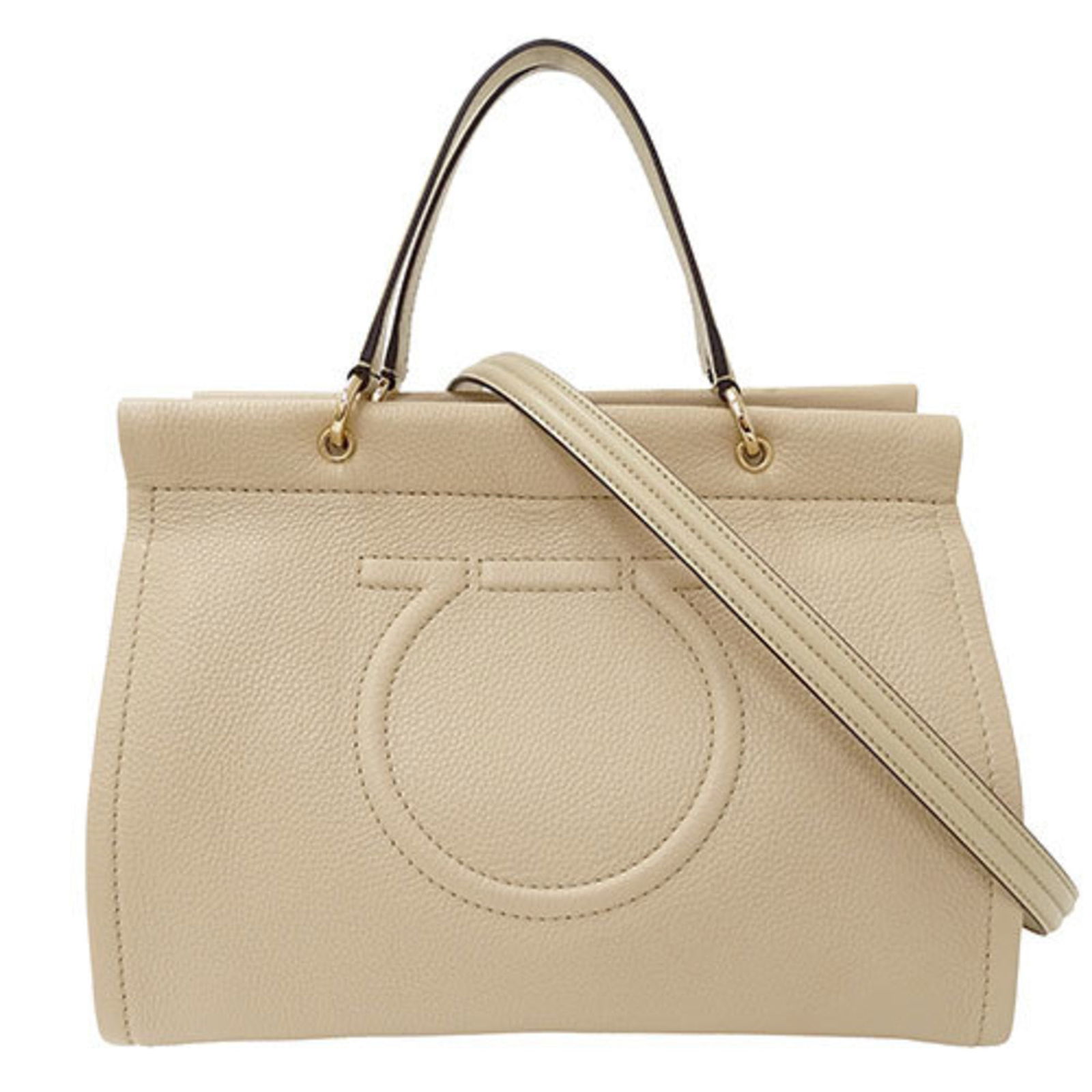 Salvatore Ferragamo Gancini Leather Handbag Beige 26cm x 33.5cm x 18cm: Salvatore Ferragamo Gancini Leather Handbag Beige 26cm x 33.5cm x 18cm This exquisite Salvatore Ferragamo handbag from the Gancini line is a stylish accessory for women, crafted from high-quality leat