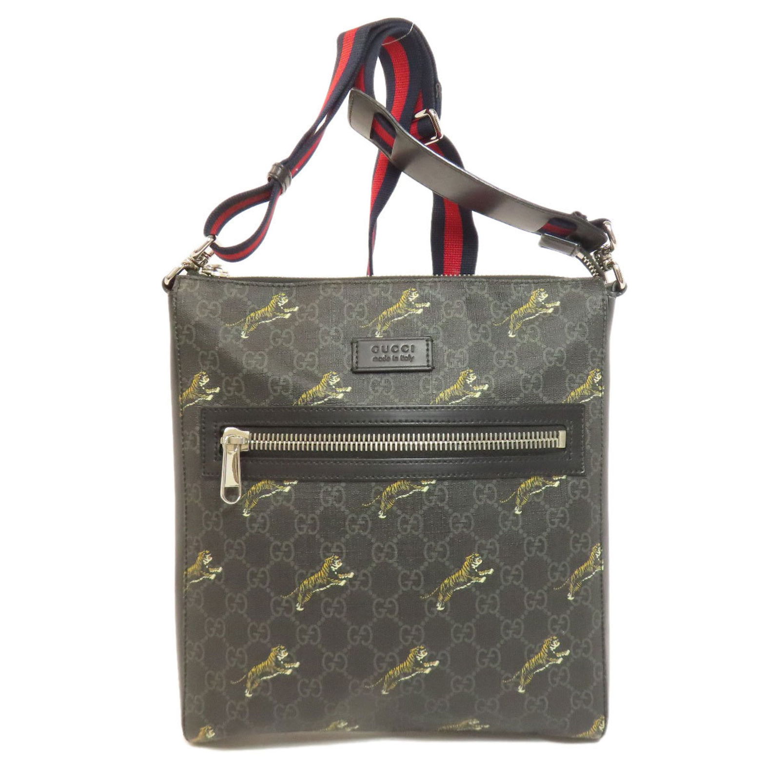 Gucci GG Supreme Tiger Print Black PVC Shoulder Bag for Women: Gucci GG Supreme Tiger Print Black PVC Shoulder Bag for Women This Gucci shoulder bag features a striking GG Supreme tiger print, perfect for adding a touch of flair to any outfit. Crafted from durabl