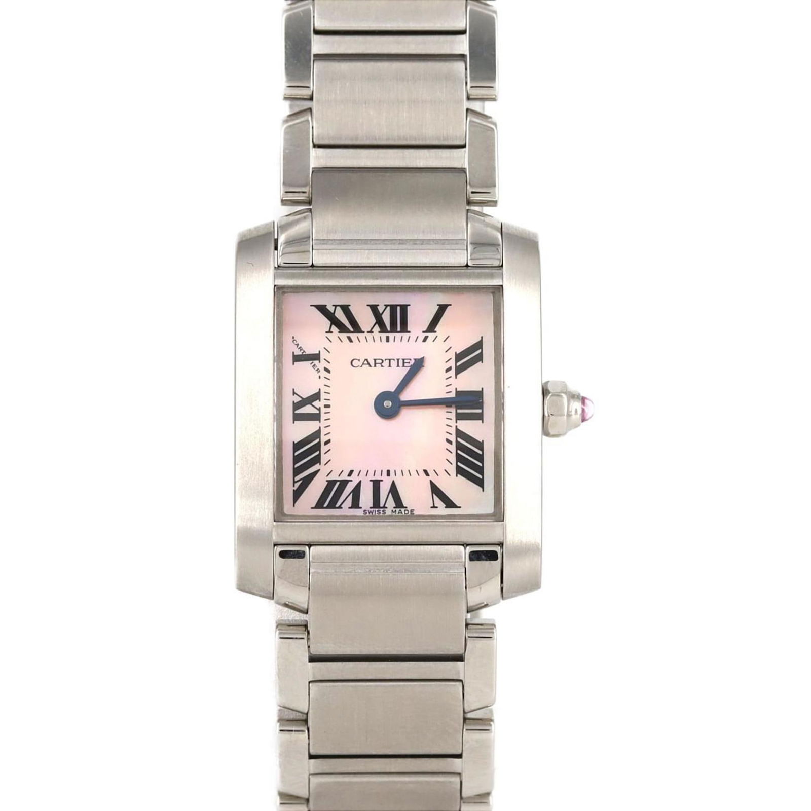 Cartier Tank Francaise Women Wristwatch Stainless Steel Quartz Pink Dial: Cartier Tank Francaise Women Wristwatch Stainless Steel Quartz Pink Dial This elegant Cartier Tank Francaise wristwatch is designed for women, featuring a sleek stainless steel case and band. The stri