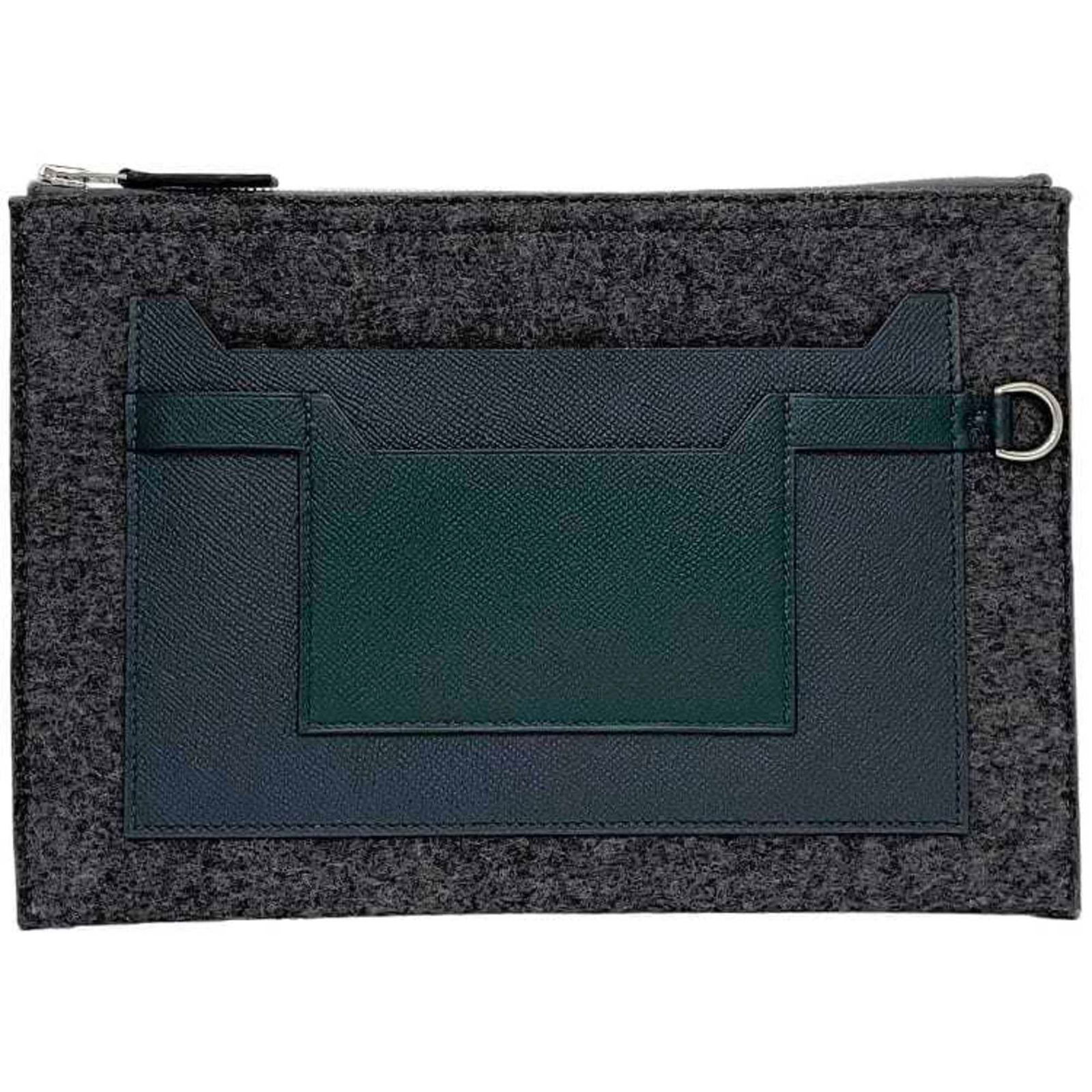Hermes Toudou 29 Clutch Bag Gray Green Navy Felt Leather 20cm x 29cm: Hermes Toudou 29 Clutch Bag Gray Green Navy Felt Leather 20cm x 29cm This elegant Hermes Clutch Bag Toudou 29 is crafted from premium felt leather and Epsom leather, showcasing a sophisticated blend o