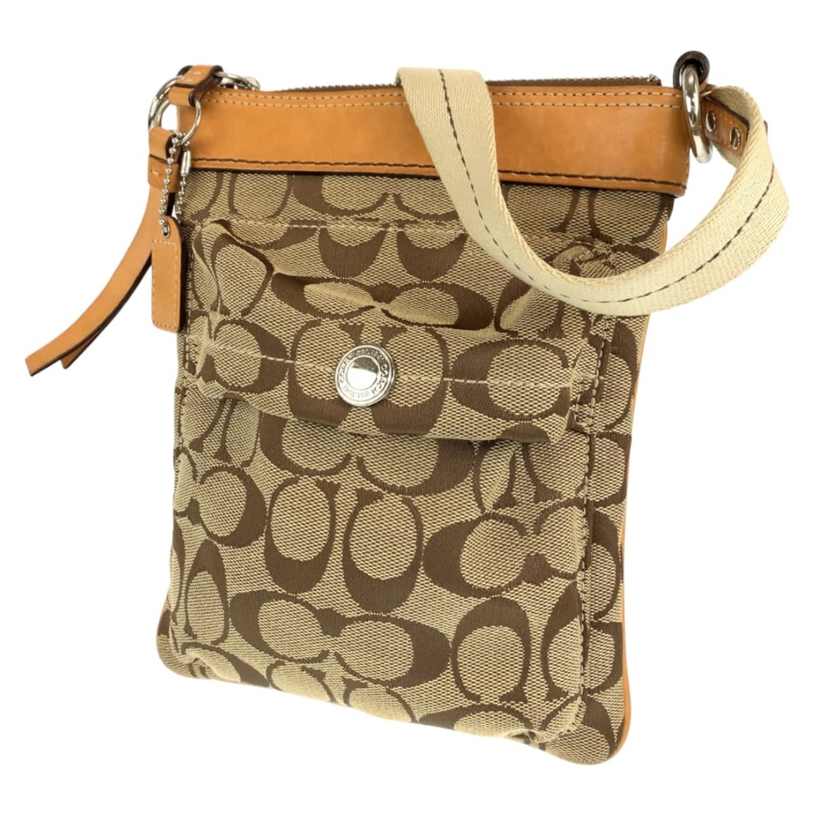 COACH Signature Brown Canvas Leather 6442 Shoulder Pochette Bag for Women: COACH Signature Brown Canvas Leather 6442 Shoulder Pochette Bag for Women This stylish COACH Signature Pochette Shoulder Bag is a perfect accessory for women on the go. Crafted from durable canvas lea