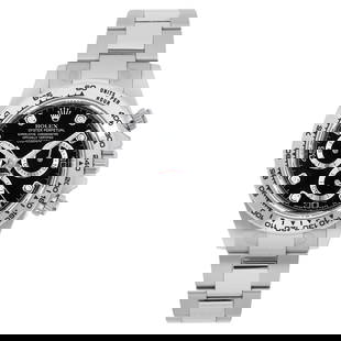 Rolex Daytona 18K White Gold Black Diamond Dial Automatic Watch 116509: Rolex Daytona 18K White Gold Black Diamond Dial Automatic Watch 116509 This exquisite Rolex Daytona wristwatch is crafted in 18K white gold and features a striking black diamond dial. Designed for the