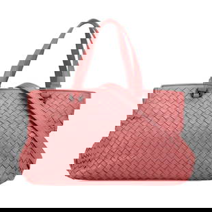 Bottega Veneta Pink Nappa Intrecciato Leather Satchel Italy: Bottega Veneta Pink Nappa Intrecciato Leather Satchel Italy This exquisite Bottega Veneta Nappa Intrecciato Satchel showcases a beautifully woven nappa leather body in a charming pink hue. The