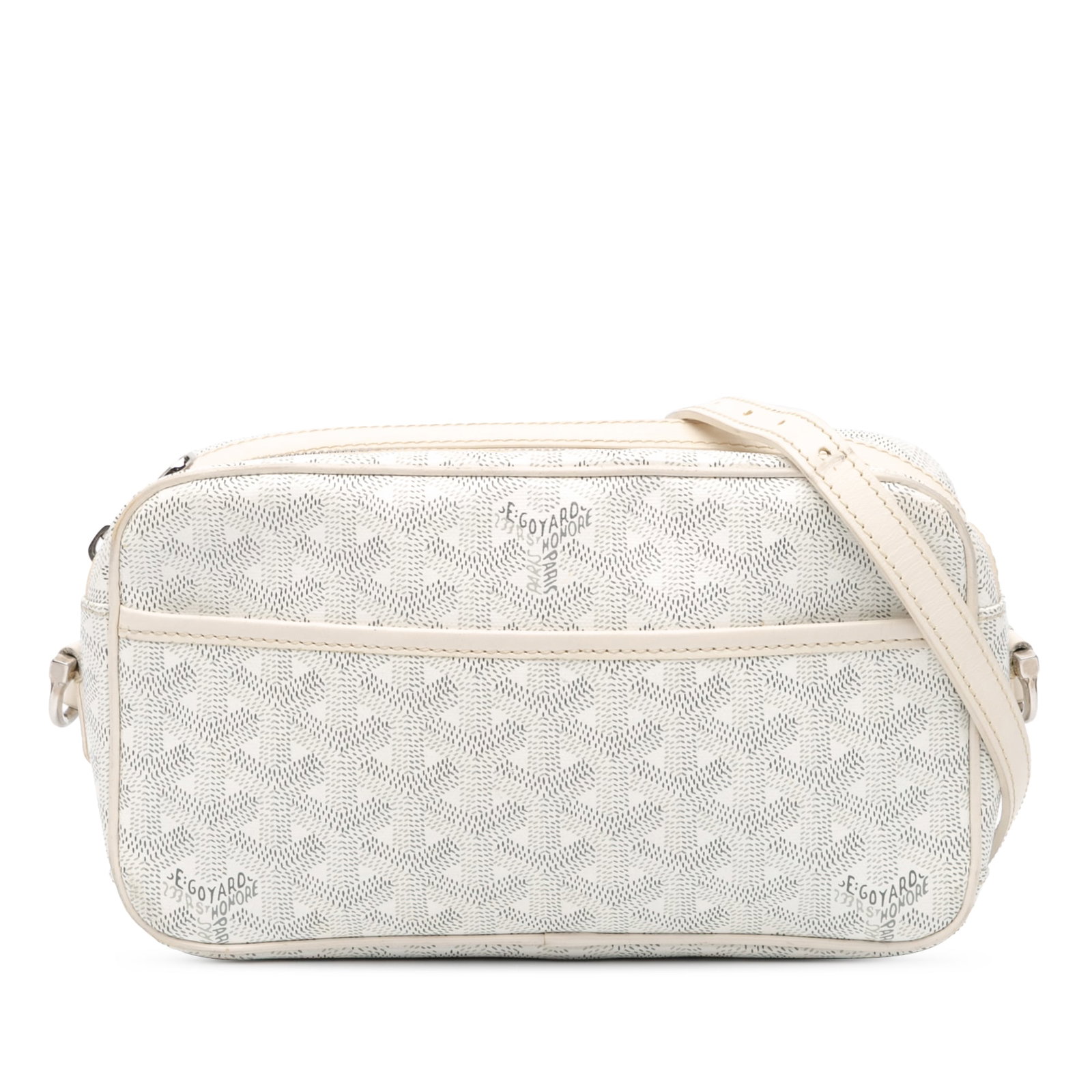 Goyardine Sac Cap Vert Crossbody Bag White Coated Canvas Leather Trim: Goyardine Sac Cap Vert Crossbody Bag White Coated Canvas Leather Trim Introducing the Goyardine Sac Cap Vert, a stylish crossbody bag crafted from durable coated canvas with elegant leather trim. This