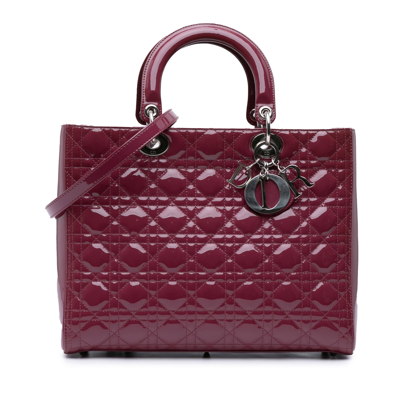 Dior Large Patent Cannage Lady Dior Pink Leather Handbag: Dior Large Patent Cannage Lady Dior Pink Leather Handbag Introducing the Large Patent Cannage Lady Dior, a sophisticated and stylish handbag crafted from quilted patent leather. This exquisite piece f