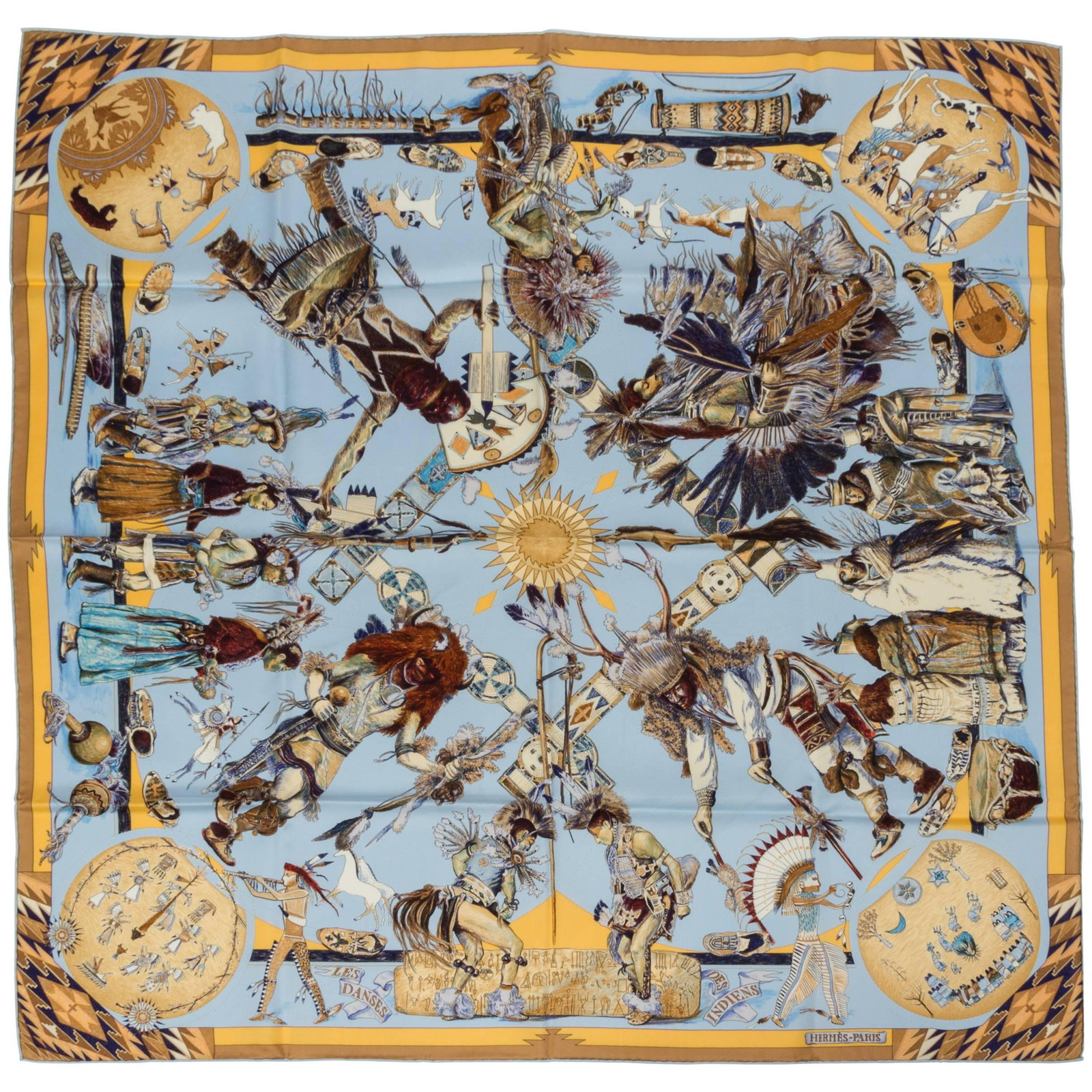 Rare Hermes Les Danses des Indiens 100% Silk Scarf by Kermit Oliver: Rare Hermes Les Danses des Indiens 100% Silk Scarf by Kermit Oliver Discover the exquisite Hermes Les Danses des Indiens Silk Scarf, a stunning piece designed by renowned US artist Kermit Oliver. This