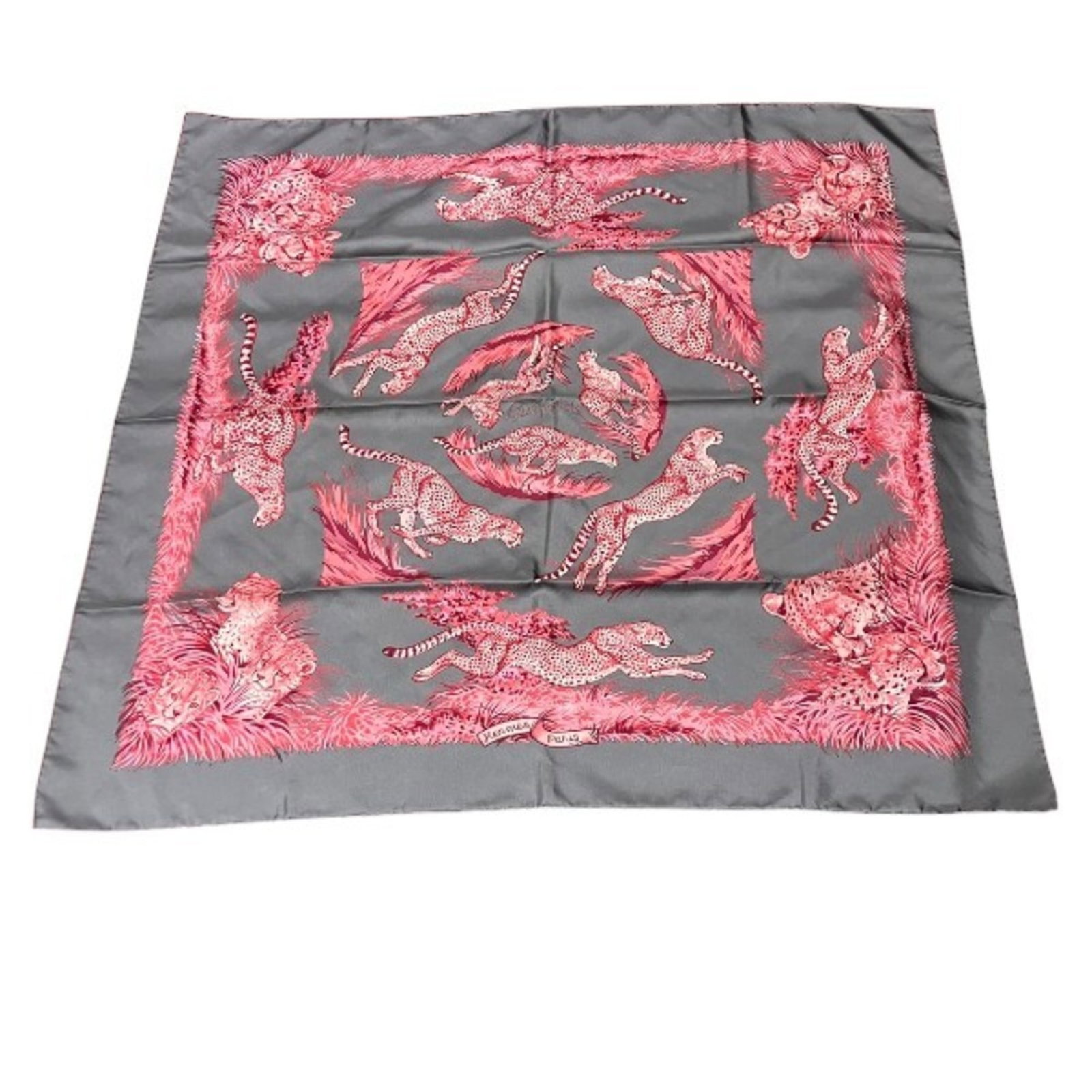 Hermes Carre 90 Silk Scarf by Robert Darre Cheetah Design Gray Pink: Hermes Carre 90 Silk Scarf by Robert Darre Cheetah Design Gray Pink This luxurious Hermes Carre 90 scarf features a stunning cheetah design by Robert Darre, perfect for women who appreciate high-end f