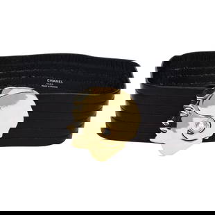 Chanel 1990s Black Leather Belt Gold Coco Buckle Pearl 70cm: Chanel 1990s Black Leather Belt Gold Coco Buckle Pearl 70cm Designer: Chanel. Brand: Chanel. Dimensions: Width: 2.5 in (6.35 cm), Length: 25.75 in (65.41 cm). Place of Origin: France. Period: 1990-199