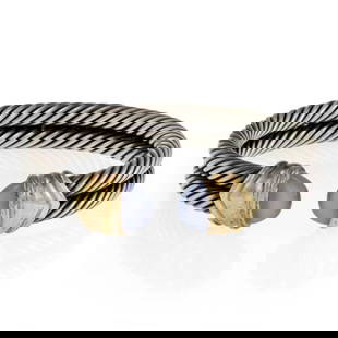 David Yurman Chalcedony Cuff Bracelet Sterling Silver 14k Gold Double Cable: David Yurman Chalcedony Cuff Bracelet Sterling Silver 14k Gold Double Cable This exquisite cuff bracelet, designed by David Yurman, showcases a stunning combination of sterling silver and 14k yellow g