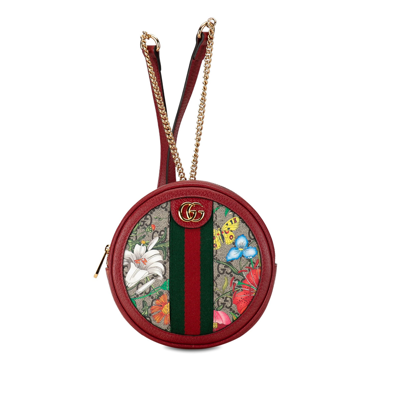 Gucci Mini Flora GG Supreme Round Ophidia Backpack Red Fabric: Gucci Mini Flora GG Supreme Round Ophidia Backpack Red Fabric This Gucci Mini Flora GG Supreme Round Ophidia Backpack is a stylish accessory crafted from printed coated canvas, complemented by leather