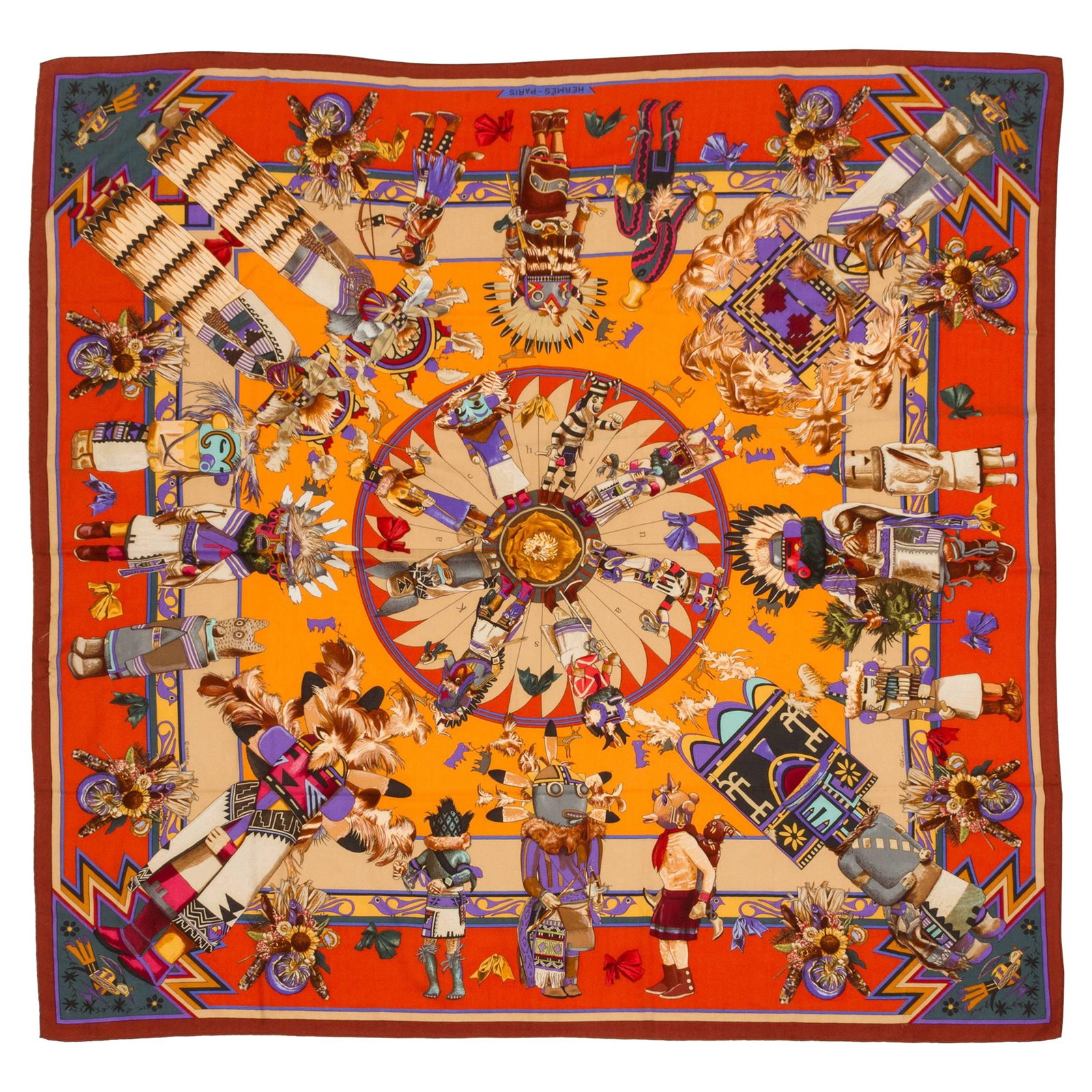 Hermes Kachinas Cashmere Silk 55 Inch Shawl Luxury Collectible: Hermes Kachinas Cashmere Silk 55 Inch Shawl Luxury Collectible Indulge in luxury with this exquisite Hermes 55" shawl, expertly crafted from a blend of cashmere and silk. Featuring a stunning Kachinas
