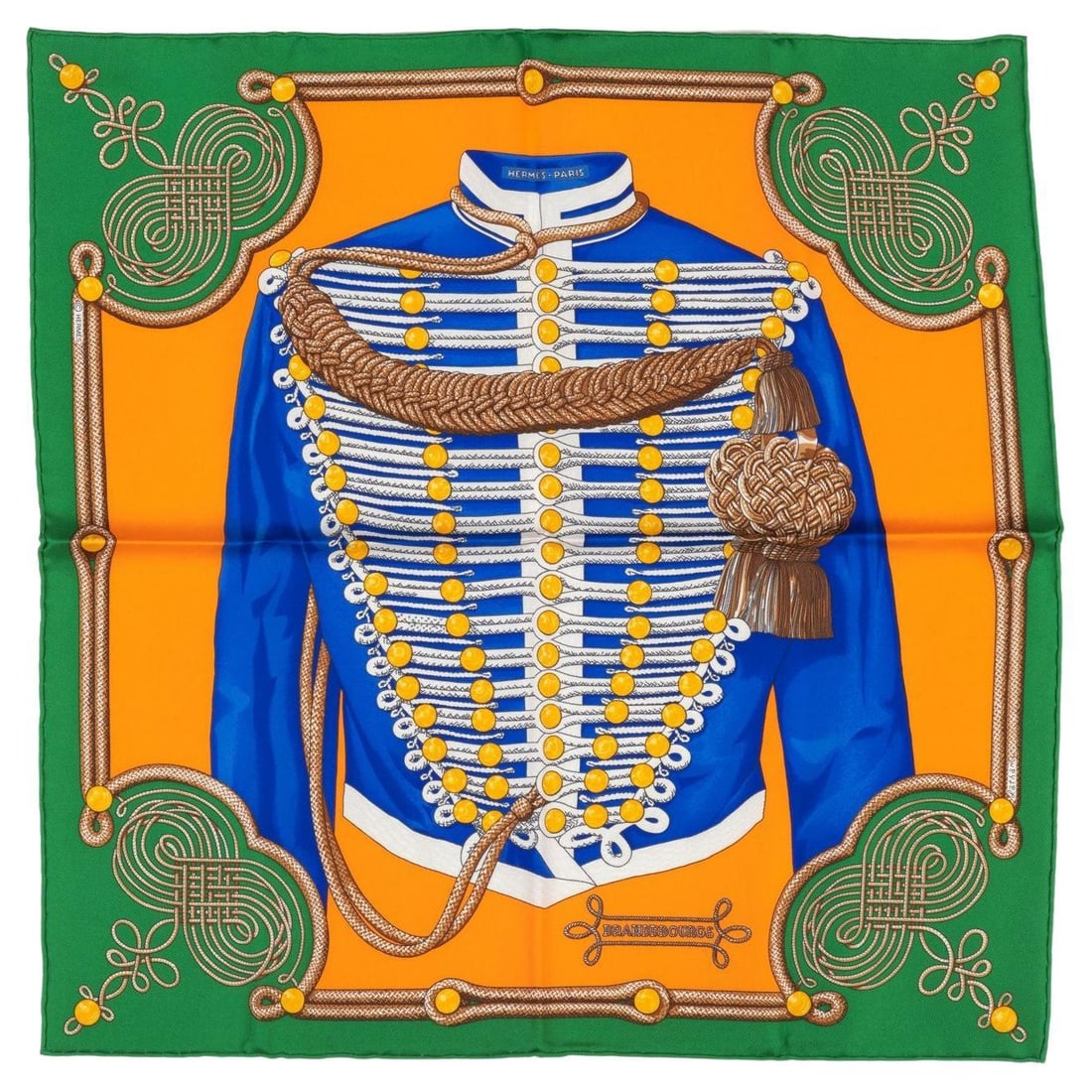 Hermes Brandebourg Silk Scarf Green Blue BNIB France 21st Century: Hermes Brandebourg Silk Scarf Green Blue BNIB France 21st Century Introducing the exquisite Hermes Brandebourg Scarf, a stunning collectible piece that showcases a vibrant blend of green, blue, and or