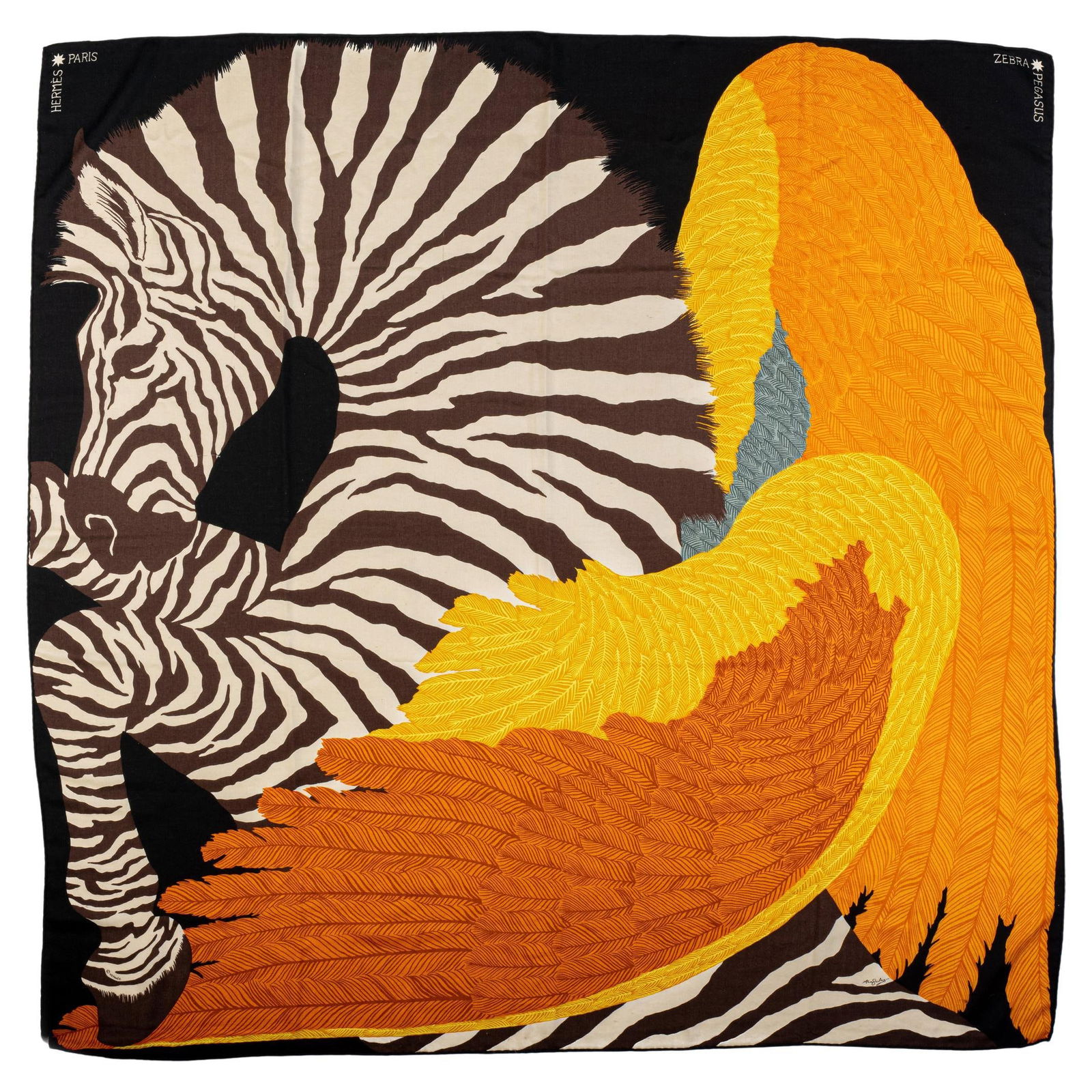 Hermes Zebra Shawl 55" Silk Cashmere by Alice Shirley: Hermes Zebra Shawl 55" Silk Cashmere by Alice Shirley This exquisite Hermes shawl features a stunning Zebra design by Alice Shirley, crafted from a luxurious silk-cashmere blend. Measuring 55" square,