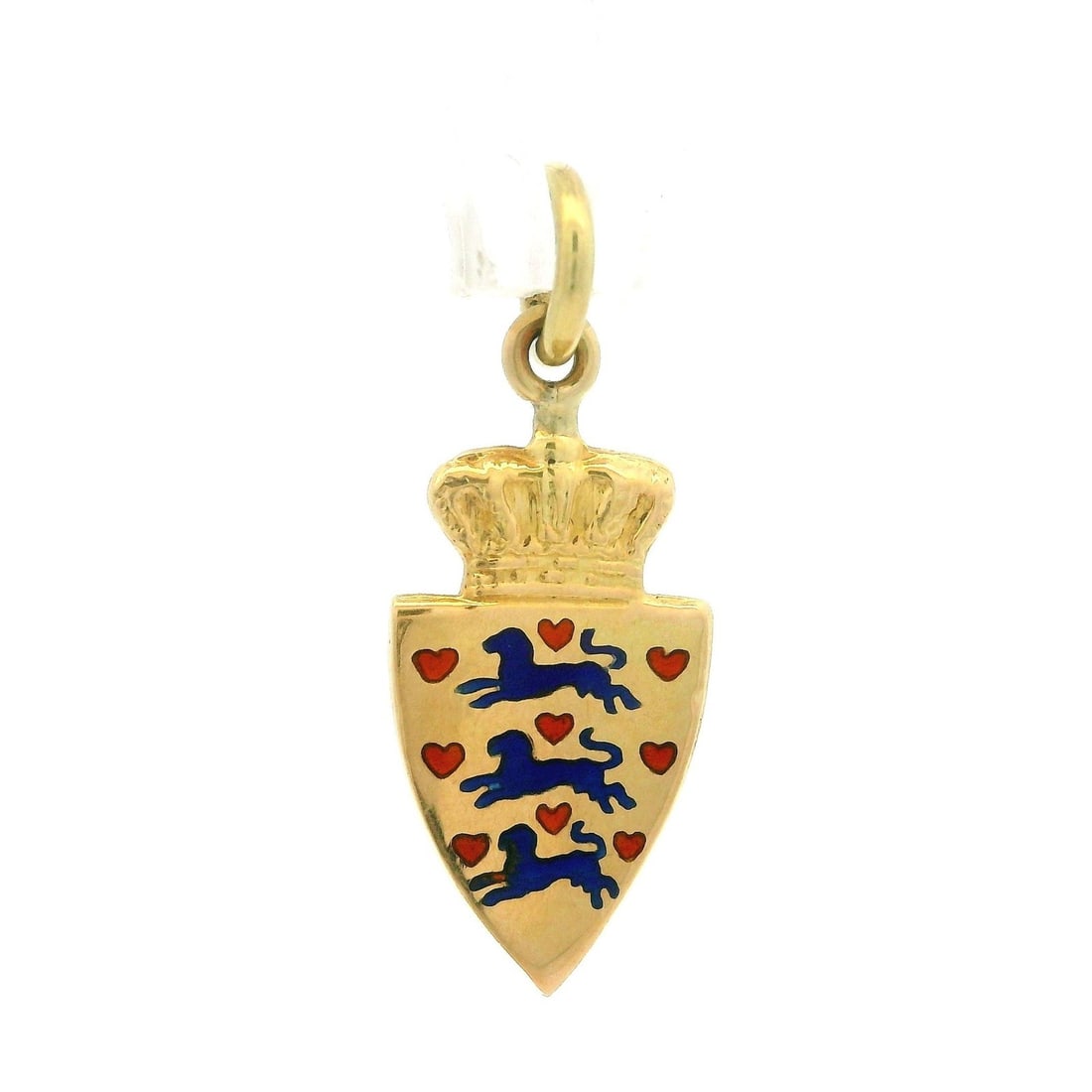 Vintage 14k Yellow Gold Danish Royal Coat of Arms Charm Pendant: Vintage 14k Yellow Gold Danish Royal Coat of Arms Charm Pendant This exquisite vintage charm pendant features a delicate design of the Danish Royal Coat of Arms, crafted from 14k yellow gold. Ideal fo