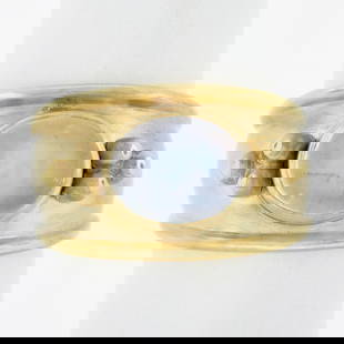 Maz 14k Yellow Gold Moonstone Cigar Band Ring Matte Finish: Maz 14k Yellow Gold Moonstone Cigar Band Ring Matte Finish This exquisite 14k yellow gold cigar band ring features a beautiful oval moonstone set in a sleek bezel setting. The matte finish enhances th